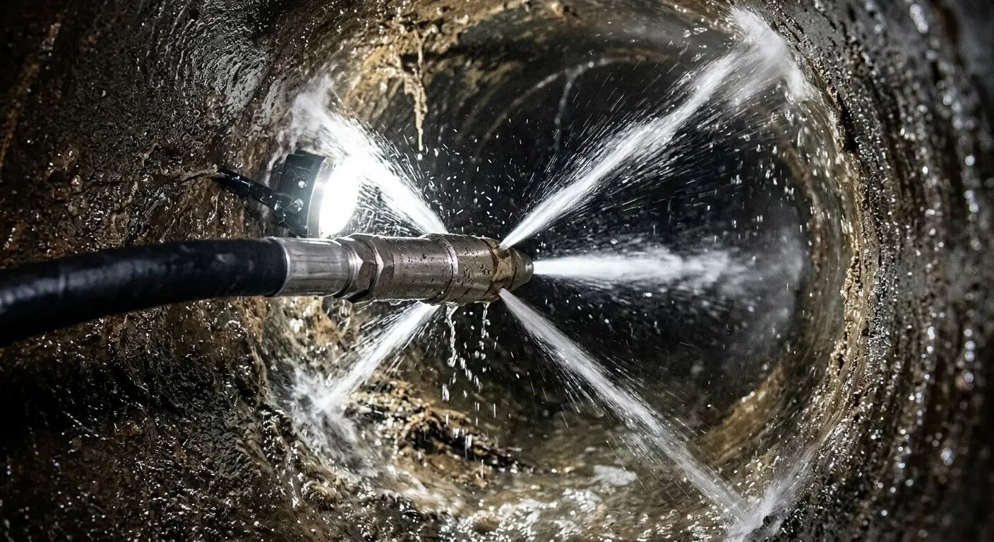 High-pressure hydro jetting nozzle cleaning sewer pipe for Sewer Cleanout in Bellingham